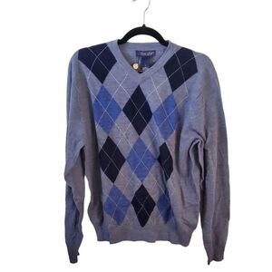 Garret Scott NWT Extra Fine Merino Wool Gray V Neck Argyle Sweater Size S